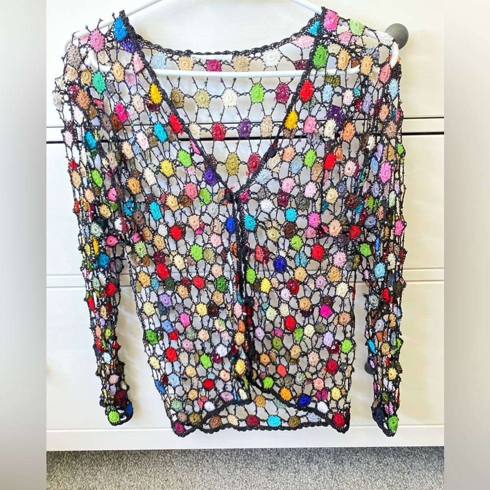 Vintage Multicolor Beaded Crochet Mesh Long-Sleeve Cardigan (S-M)